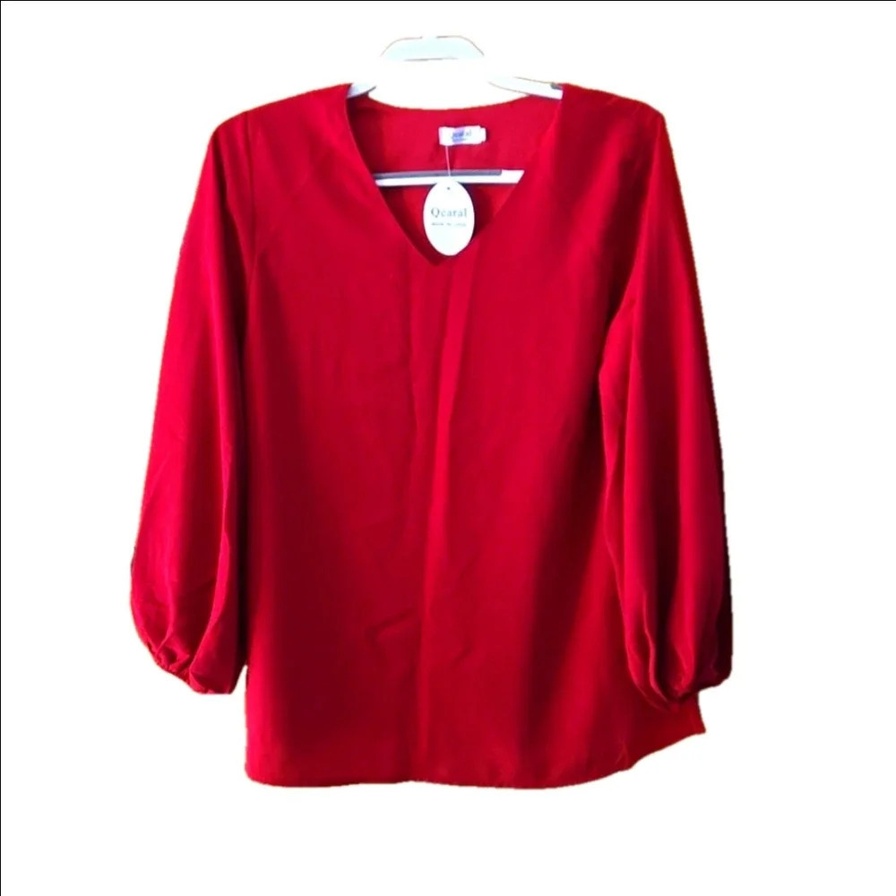 Qearal Red Blouse Chiffon Balloon Sleeve V-neck Fully Lined Relaxed fit Women M